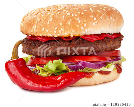 Tasty burger with pepper chilli isolated on the white 119586430