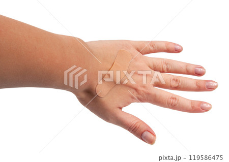 Medical patch plaster on hand isolated on the white 119586475