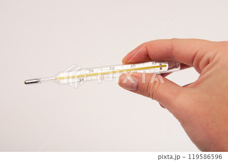 Medcine glass thermometer in hand on white Medcine glass thermometer in hand on white 119586596