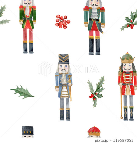 Watercolor seamless pattern of four different nutcrackers, with a sword, with a staff, holly tree and berries on white background Watercolor seamless pattern of four different nutcrackers, with a sword, with a staff, holly tree and berries on white background 119587053