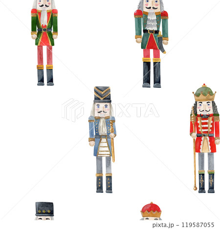 Watercolor seamless pattern of four different nutcrackers, with a sword, with a staff on white background 119587055