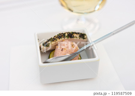 おいしいビジネスクラスの機内食の前菜、鶏肉のハーブ焼きとフムスとシャンパン おいしいビジネスクラスの機内食の前菜、鶏肉のハーブ焼きとフムスとシャンパン 119587509