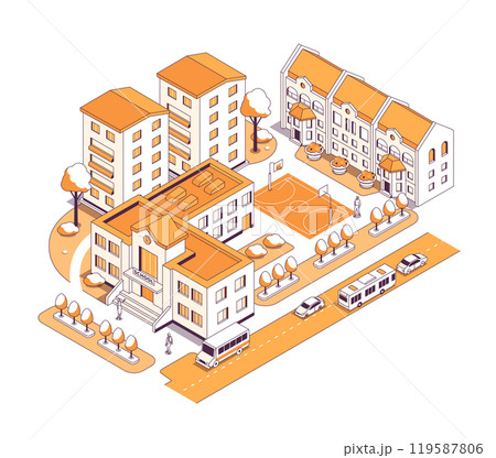 Prestigious school in a good area - vector isometric illustration Prestigious school in a good area - vector isometric illustration 119587806