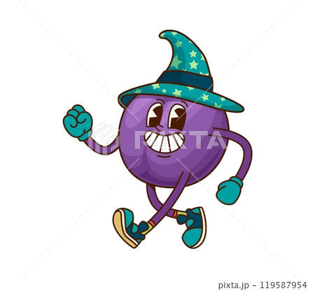 Groovy plum fruit Halloween wizard character. Ripe purple plum mage funny hippie mascot, summer sweet fruit cute wizard or sorcerer happy groovy vector personage or comical character in hat with stars Groovy plum fruit Halloween wizard character. Ripe purple plum mage funny hippie mascot, summer sweet fruit cute wizard or sorcerer happy groovy vector personage or comical character in hat with stars 119587954