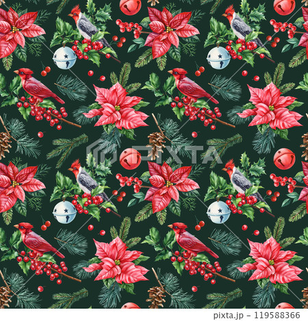 Watercolor Christmas seamless pattern with red cardinal birds, poinsettia flowers, holly leaves, pine branches, festive Watercolor Christmas seamless pattern with red cardinal birds, poinsettia flowers, holly leaves, pine branches, festive 119588366