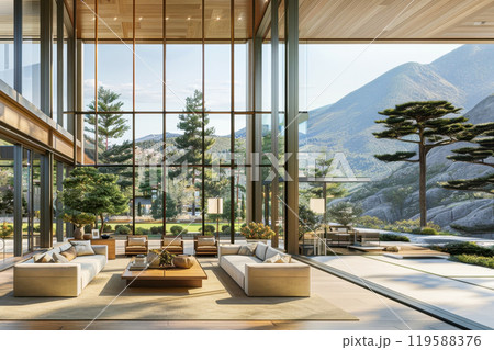 Modern luxury living room with panoramic mountain views and elegant design 119588376