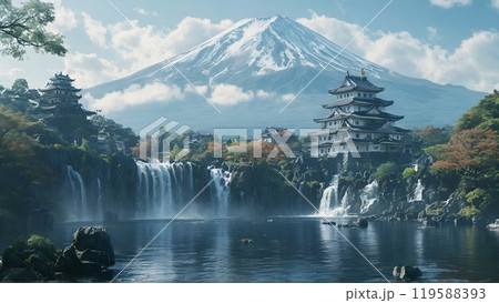 美しい富士山とお城 119588393