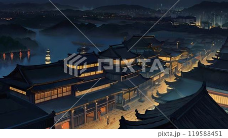 ゲーム背景　中国歴史ファンタジー世界観のある城と夜の街と提灯の明かりの風景 119588451
