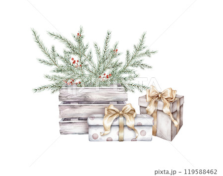 Watercolor Christmas tree branch in box made of white gray with red berry ilex or holy and gift box with golden bow. Hand painted fir-needle illustration on isolated background. Watercolor Christmas tree branch in box made of white gray with red berry ilex or holy and gift box with golden bow. Hand painted fir-needle illustration on isolated background. 119588462
