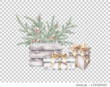 Watercolor Christmas tree branch in box made of white gray with red berry ilex or holy and gift box with golden bow. Hand painted fir-needle illustration on isolated background. 119588462