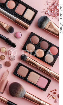 A collection of pink cosmetic products arranged aesthetically on a soft pink background 119588943