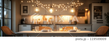 Cozy dining area with warm lights and decor enhancing an inviting kitchen atmosphere Cozy dining area with warm lights and decor enhancing an inviting kitchen atmosphere 119589009