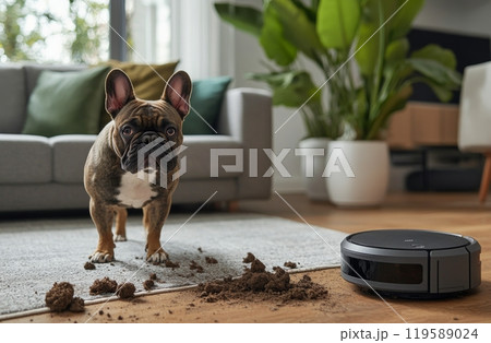 A curious French Bulldog observes a robotic vacuum cleaning dirt on a living room floor A curious French Bulldog observes a robotic vacuum cleaning dirt on a living room floor 119589024