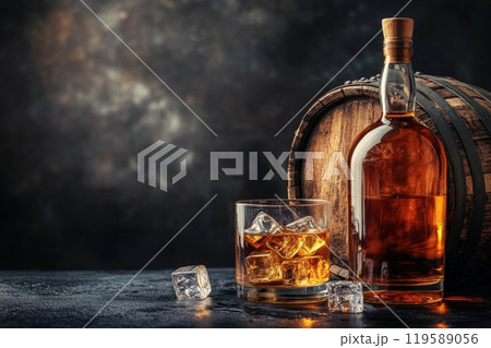 A glass of whiskey with ice beside an ornate barrel in a cozy setting 119589056