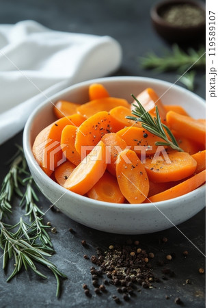 Fresh orange carrots arranged in a bowl with herbs and spices on a dark kitchen countertop 119589107