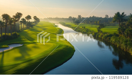 A serene morning at a lush golf course by a winding river surrounded by palm trees 119589128
