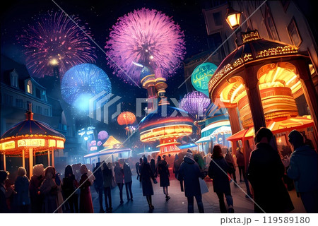 アニメ背景　夜の花火とキラキラ夢の国レジャーランドとメリーゴーランドがある風景	 119589180