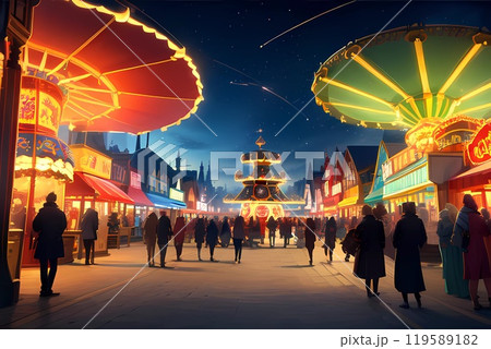 アニメ背景　夜の花火とキラキラ夢の国レジャーランドとメリーゴーランドがある風景	 119589182