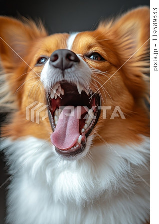 A happy dog with an open mouth shows excitement and joy in a vibrant indoor setting 119589333