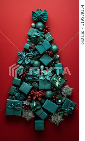 Creative arrangement of wrapped presents forming a Christmas tree against a red background 119589334