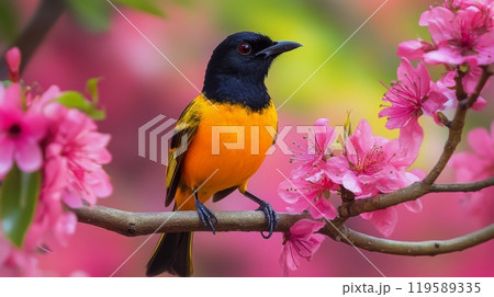 A small bird perched on a blooming cherry blossom branch during springtime 119589335
