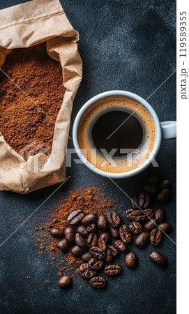 Warm cup of brewed coffee beside scattered coffee beans and a sealed package in a cozy setting 119589355