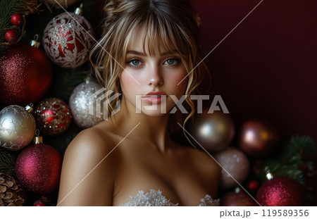 A festive celebration featuring a woman surrounded by gold and red Christmas ornaments in December 119589356