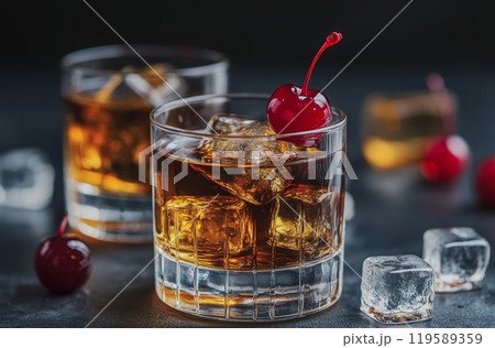 Classic cocktails with cherries and ice served on a dark surface during a social gathering 119589359