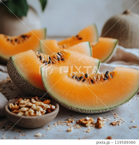 Fresh cantaloupe slices arranged with walnuts in natural light on a textured surface 119589360