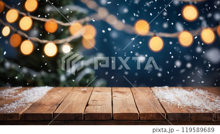 Empty woooden table top with abstract warm living room decor, Holiday backdrop,Mock up banner for display of advertise product 119589689