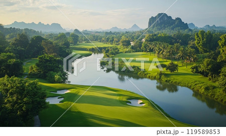 A serene morning at a lush golf course by a winding river surrounded by palm trees 119589853