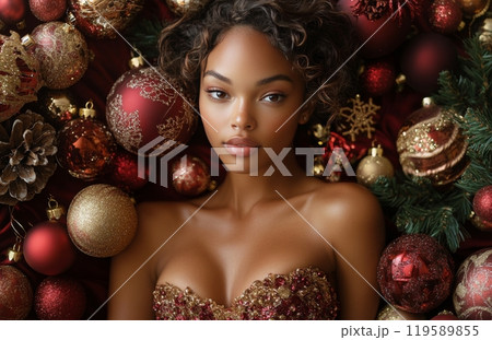A festive celebration featuring a woman surrounded by gold and red Christmas ornaments in December 119589855