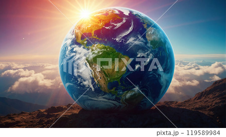 The Earth illuminated by the sun, resting on a rocky surface above the clouds. The Earth illuminated by the sun, resting on a rocky surface above the clouds. 119589984