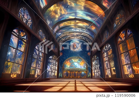 RPGファンタジーゲーム背景　中世ヨーロッパをイメージした異世界ステンドグラスのあるダンスホール	 119590006