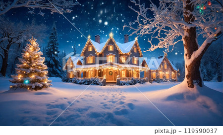 A large, festive house glowing with warm lights, surrounded by snow-covered trees and a decorated Christmas tree at night. 119590037