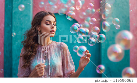 Among colorful bubbles, a fashionable woman captures the essence of whimsy in a vibrant setting. 119590065