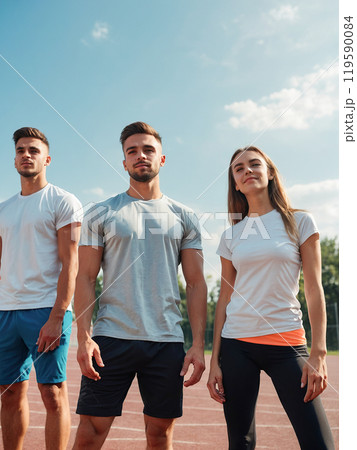 Athletic friends pose confidently on a track, embodying fitness and teamwork. Athletic friends pose confidently on a track, embodying fitness and teamwork. 119590084