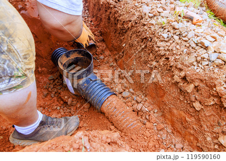 Underground storm sewer pipe needs to be replaced because it is damaged cannot collect rainwater 119590160