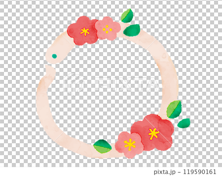 Cute watercolor snake and flower frame / 2025 Year of the Snake New Year's card material Cute watercolor snake and flower frame / 2025 Year of the Snake New Year's card material 119590161