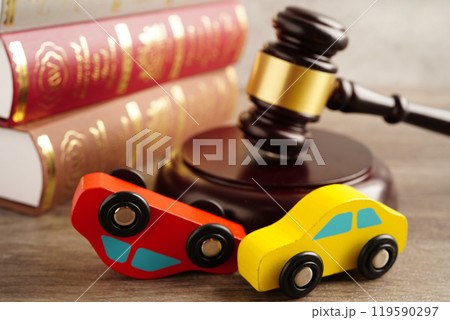 Car accident lawsuit and insurance, Judge hammer with car model. Car accident lawsuit and insurance, Judge hammer with car model. 119590297