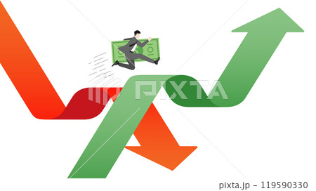A businessman holds banknotes, jumps from a slumped red arrow graph for average cost to a rising green arrow graph for increase investment. Profit, strategy, wealth, growth opportunities in financial 119590330