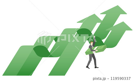 A businessman holding banknotes and hanging on a rising green arrow graph for increase investment. Profit, strategy, wealth, and growth opportunities in the corporate business and financial concept 119590337