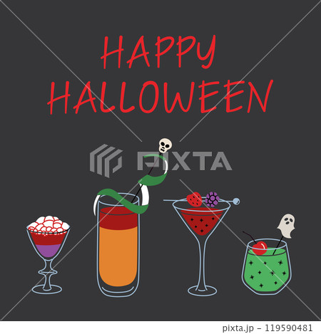 Halloween greeting card, vector illustration with spooky cocktails decorated with skull and ghost. Perfect for Halloween parties and celebrations. Flat cartoon design style 119590481