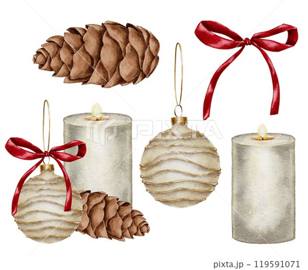 Christmas tree toy, ball with red bow and candle with cone Watercolor composition set on white. Hand drawn illustration for New Year and winter holidays designs in realistic style. Christmas tree toy, ball with red bow and candle with cone Watercolor composition set on white. Hand drawn illustration for New Year and winter holidays designs in realistic style. 119591071
