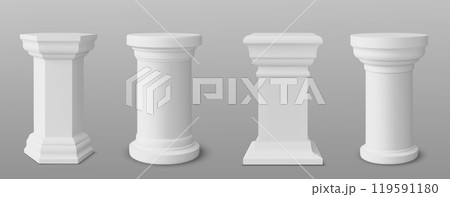 Square, hexagon and round white columns podium 119591180