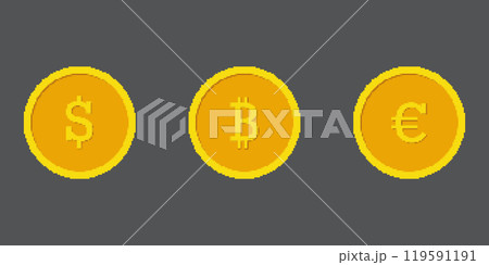 Golden Retro Pixelated Currency Coins Icon Set. Pixel Art Coins of Dollar, Bitcoin, and Euro. Isolated Vector Illustration 119591191