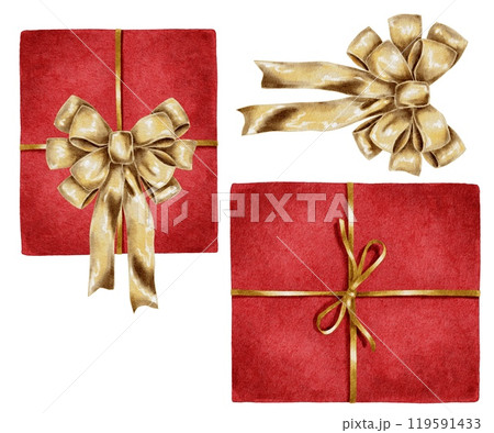 Christmas red gift box with shimmering gold bow Watercolor set on white. Hand drawn illustration for New Year and winter holidays designs in realistic style. Christmas red gift box with shimmering gold bow Watercolor set on white. Hand drawn illustration for New Year and winter holidays designs in realistic style. 119591433