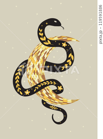 Floral snake with golden crescent moon 119591886