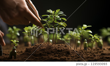 People planting tree sprouts with their right hands create a hopeful scene This realistic depiction of people planting tree sprouts showcases their dedication  119593093