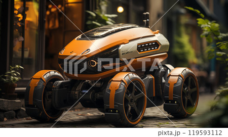 A food delivery robot drives down the street in this realistic picture showcasing technological advancements in food delivery. The delivery robot navigates urban terrain with ease 119593112